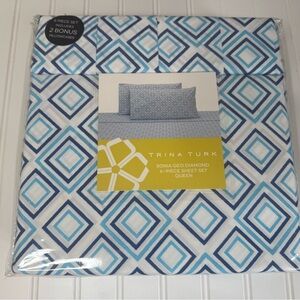 Trina Turk 6 Piece Sonia Queen Sheet Set Blue White Geometric Design NEW 1372